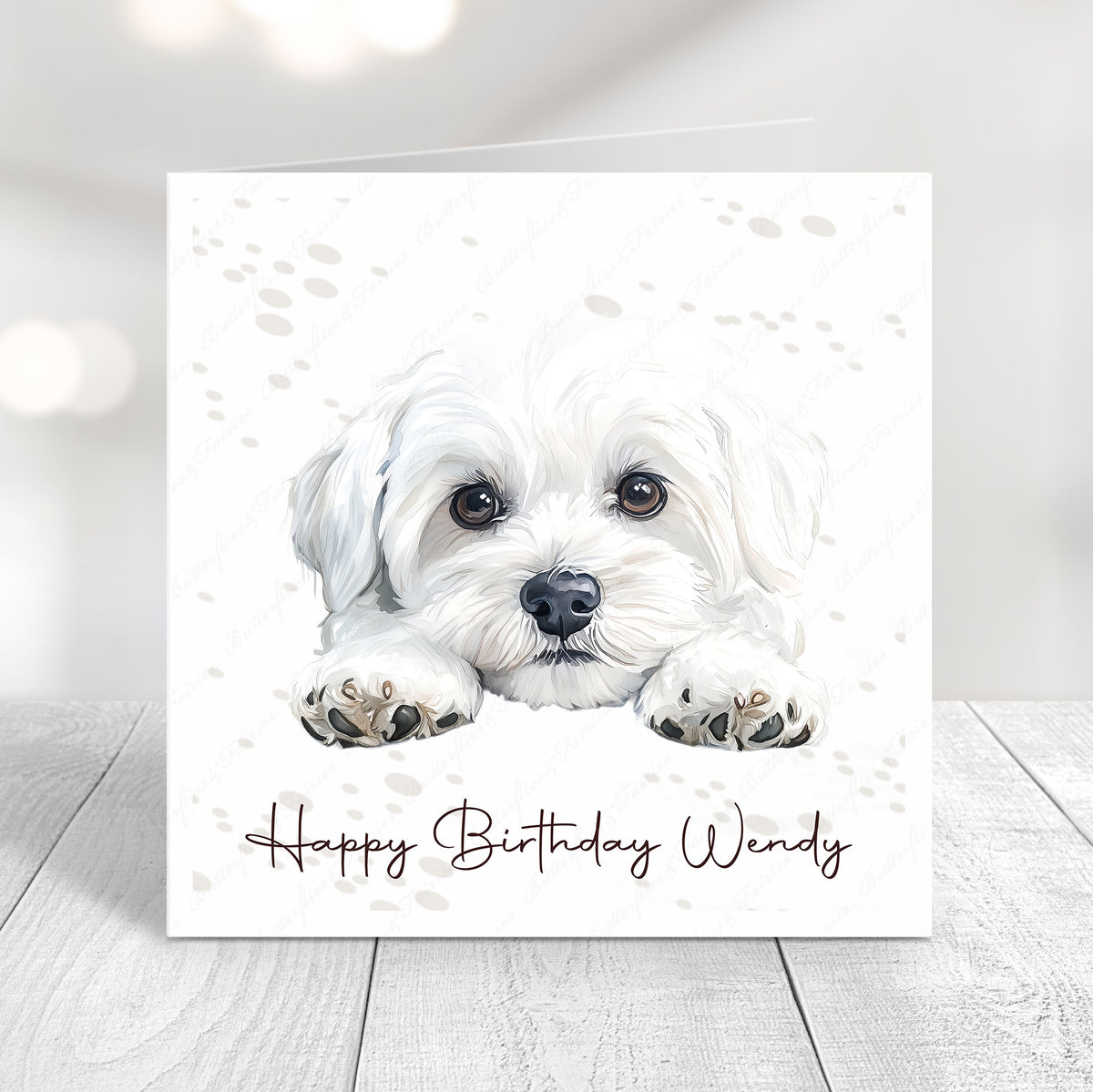 Personalised dog birthday card featuring a cute realistic Bichon Frise dog illustration and “Happy Birthday Name"