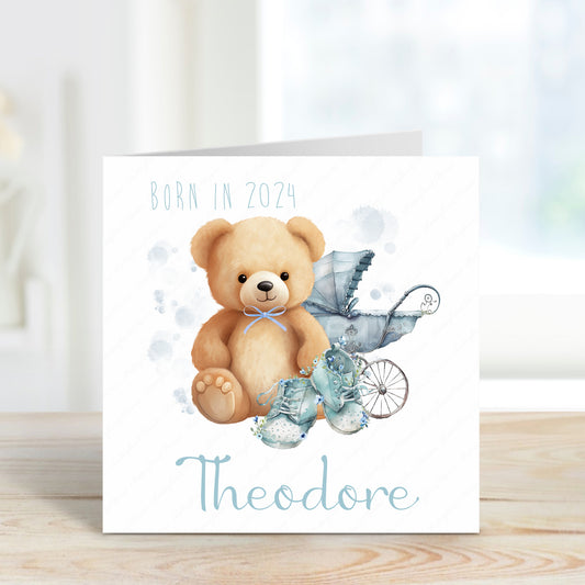Personalised New Baby Boy Birth Card - Born in 2024 Teddy Bear New Baby Card