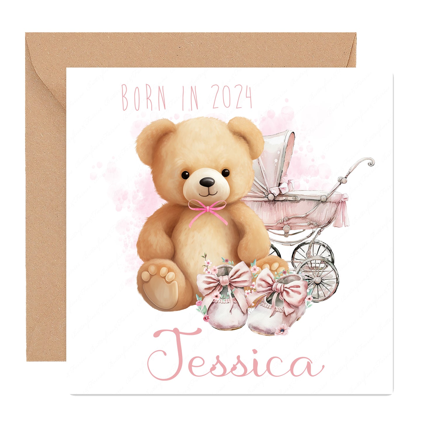 Personalised Pink New Baby Girl Birth Card - Born in 2024 Teddy Bear New Baby Card