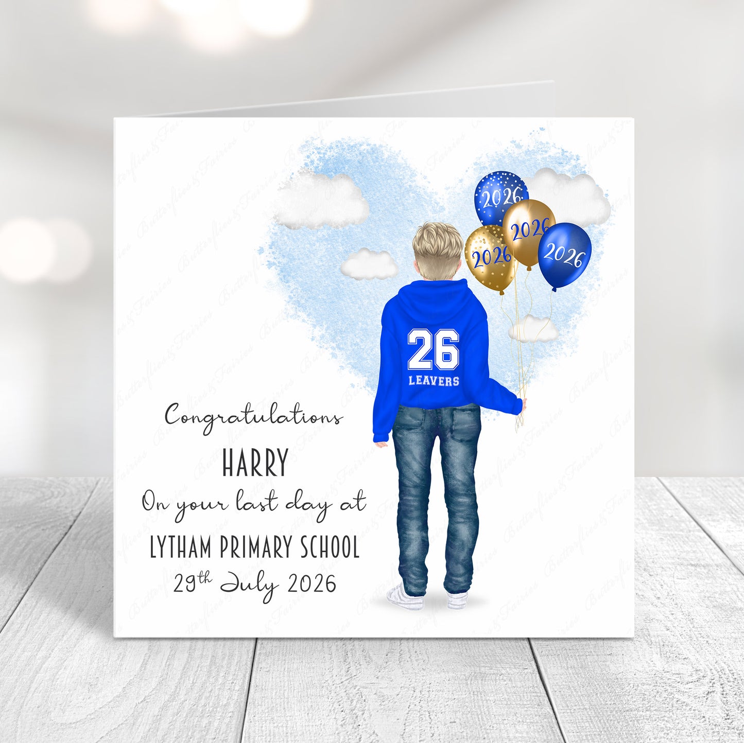 Personalised School Leaver Card 2026 – Boy with Royal Blue Leavers Hoodie | Last Day of School Card