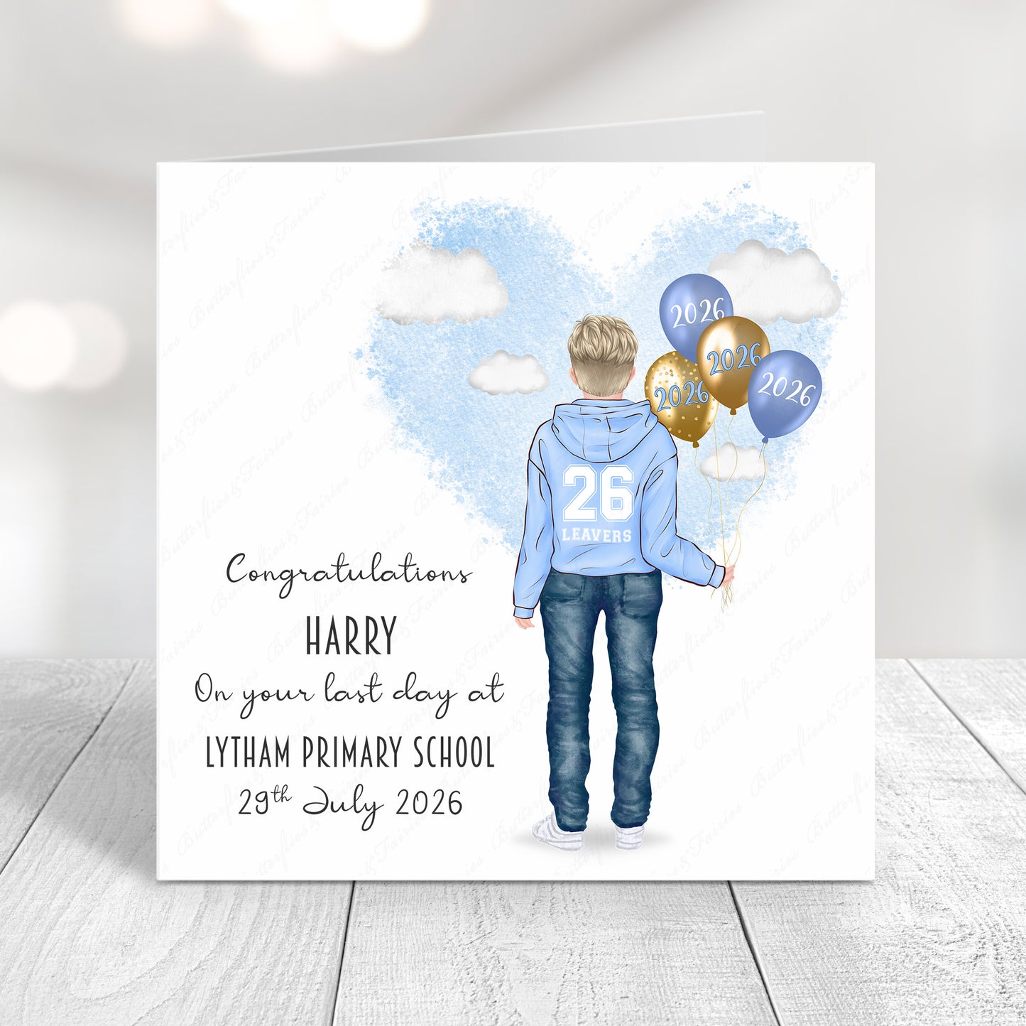 Personalised School Leaver Card 2026 – Boy with Baby Light Blue Leavers Hoodie | Last Day of School Card