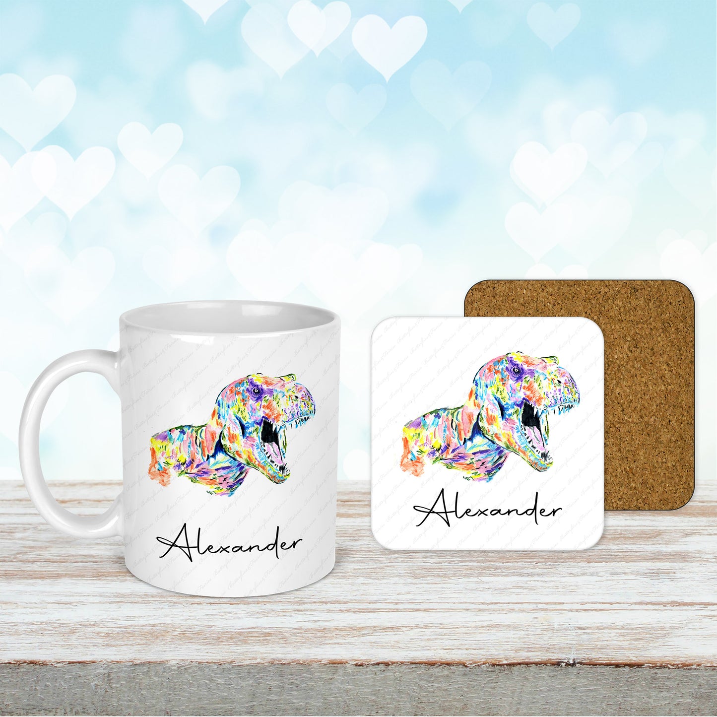 Personalised T-Rex Dinosaur Mug and Coaster Set