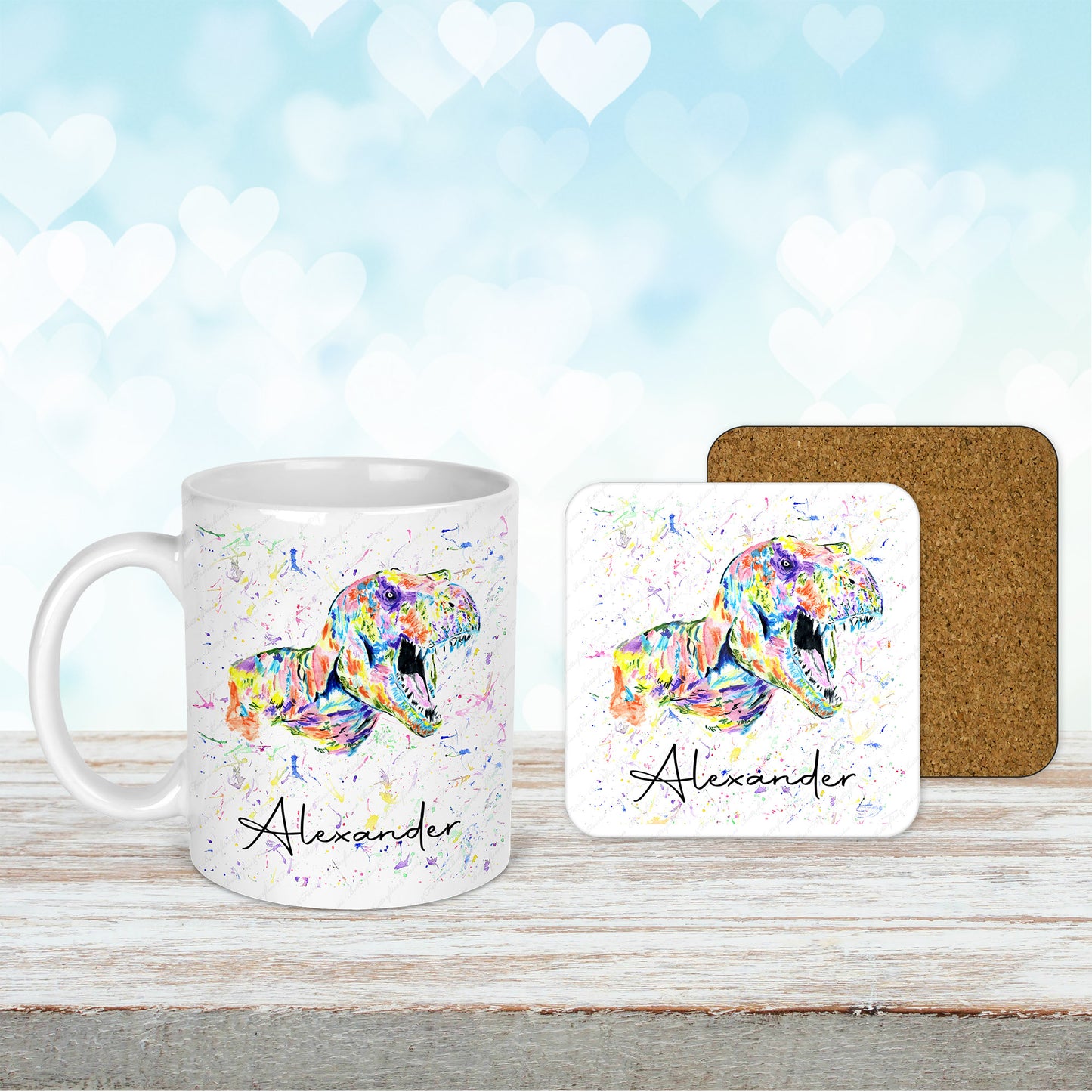 Personalised T-Rex Dinosaur Mug and Coaster Set
