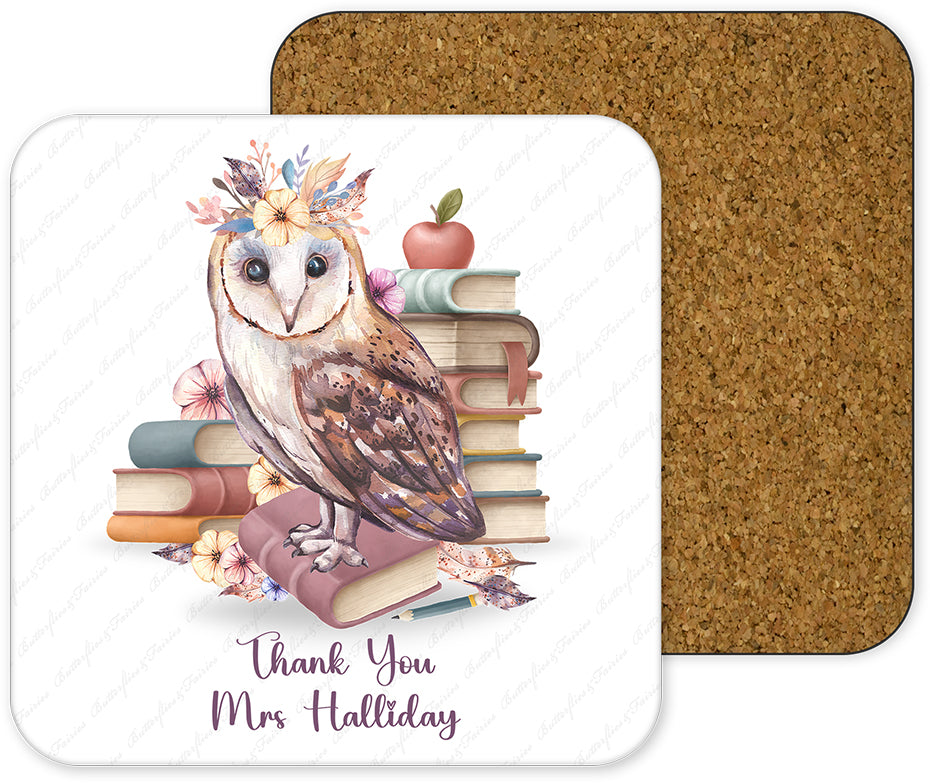 Personalised Owl Thank You Mug & Coaster Set for a Female Teacher
