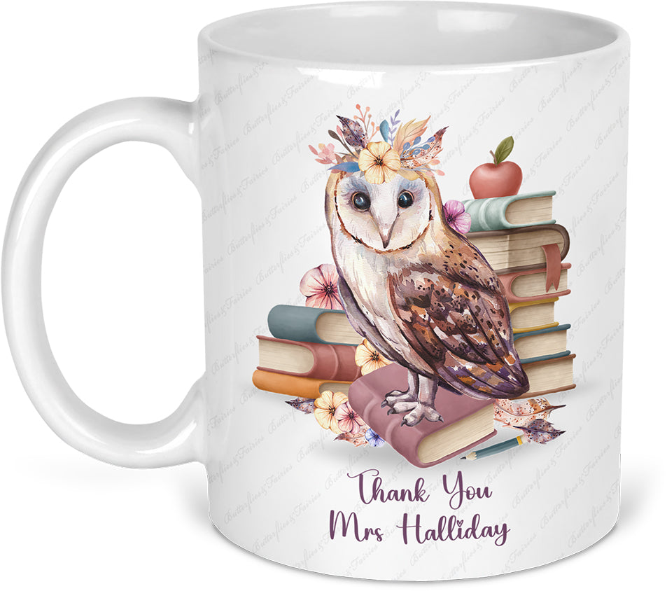 Personalised Owl Thank You Mug & Coaster Set for a Female Teacher