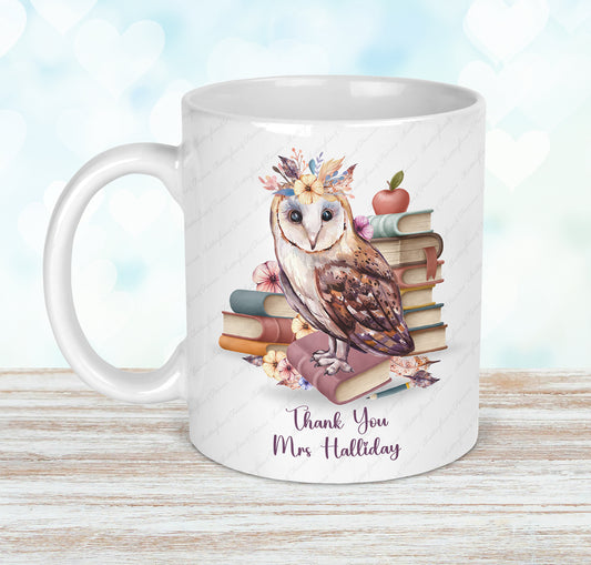 Personalised Owl Thank You Mug & Coaster Set for a Female Teacher