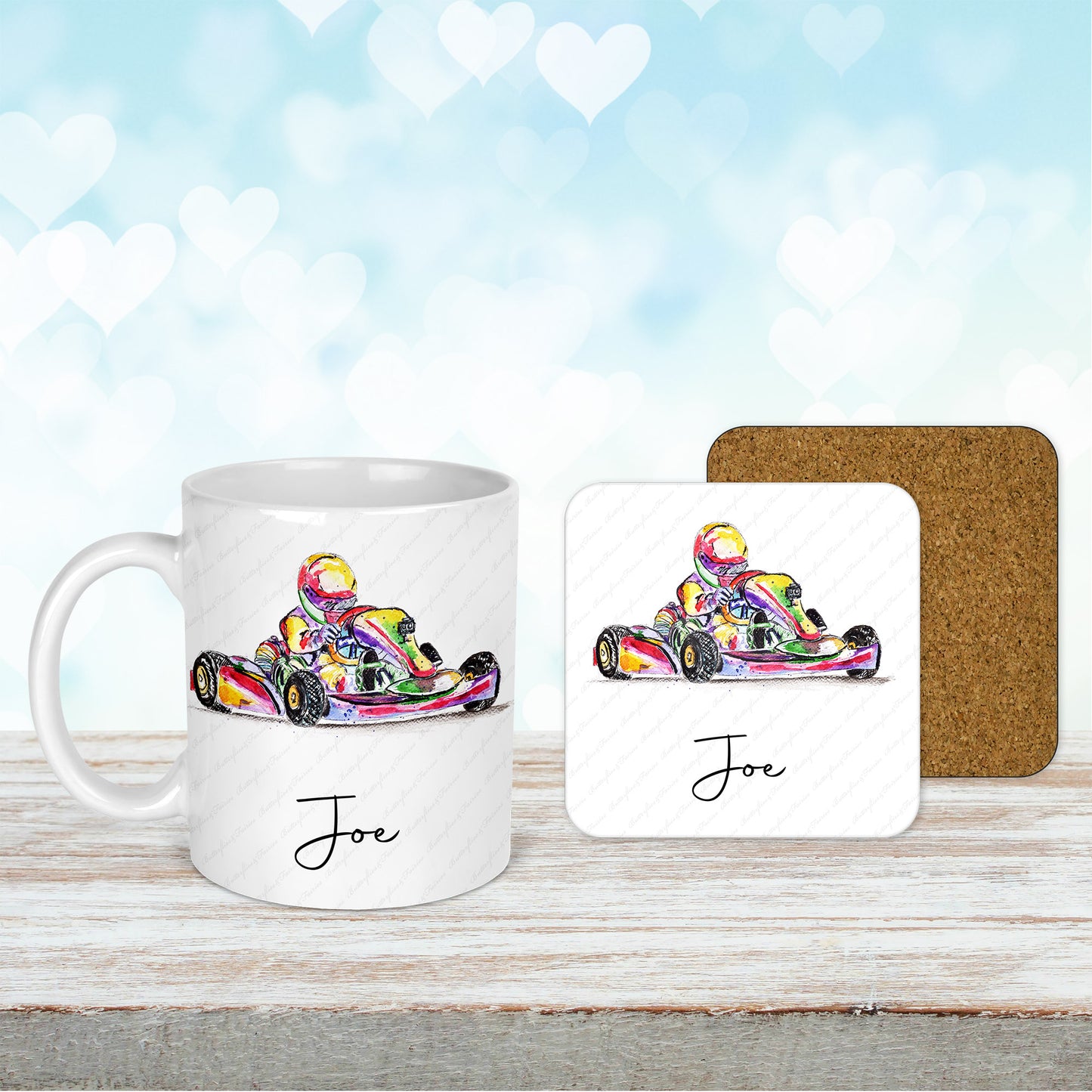Personalised Watercolour Go Kart Mug and Coaster Set