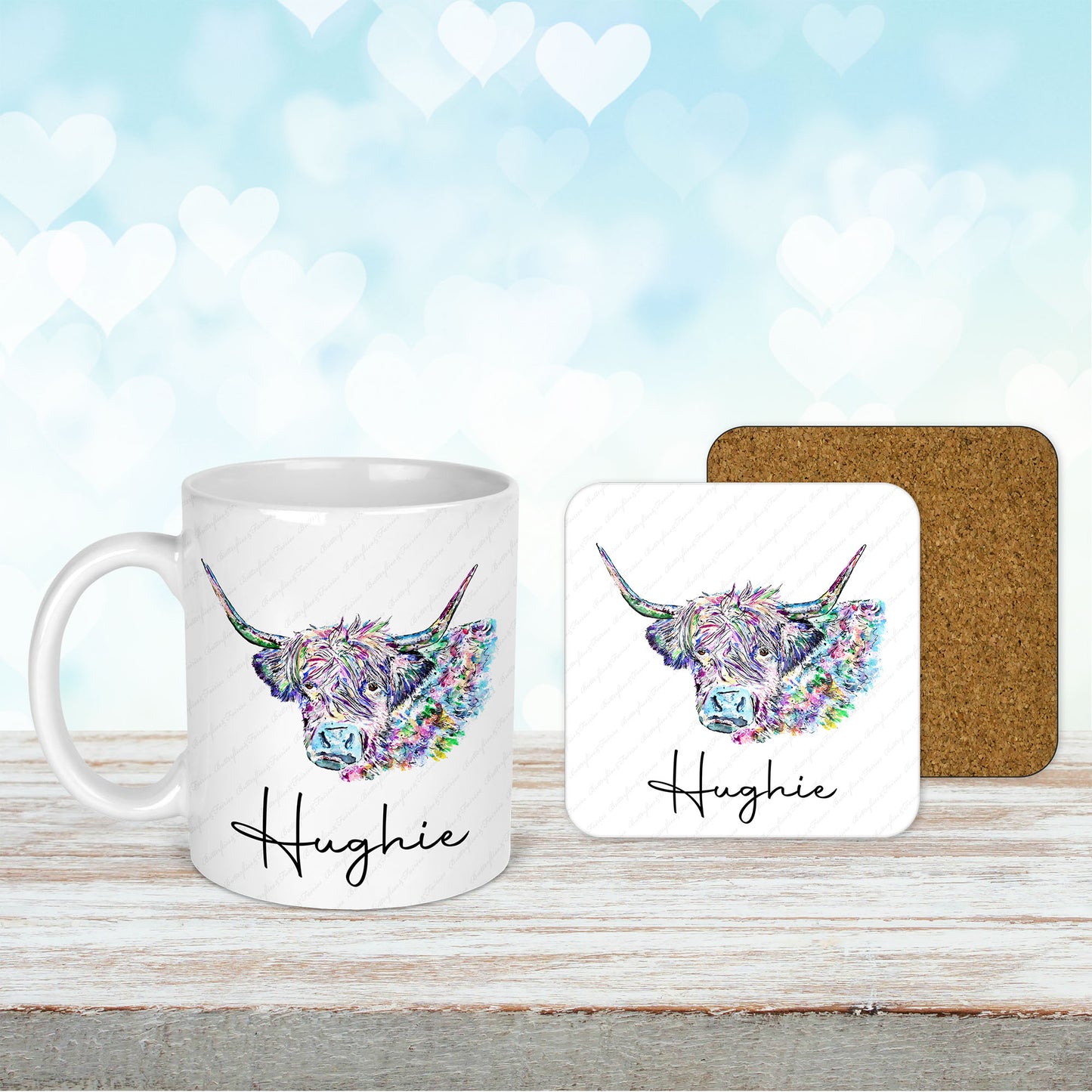 Personalised Highland Cow Mug and Coaster Set