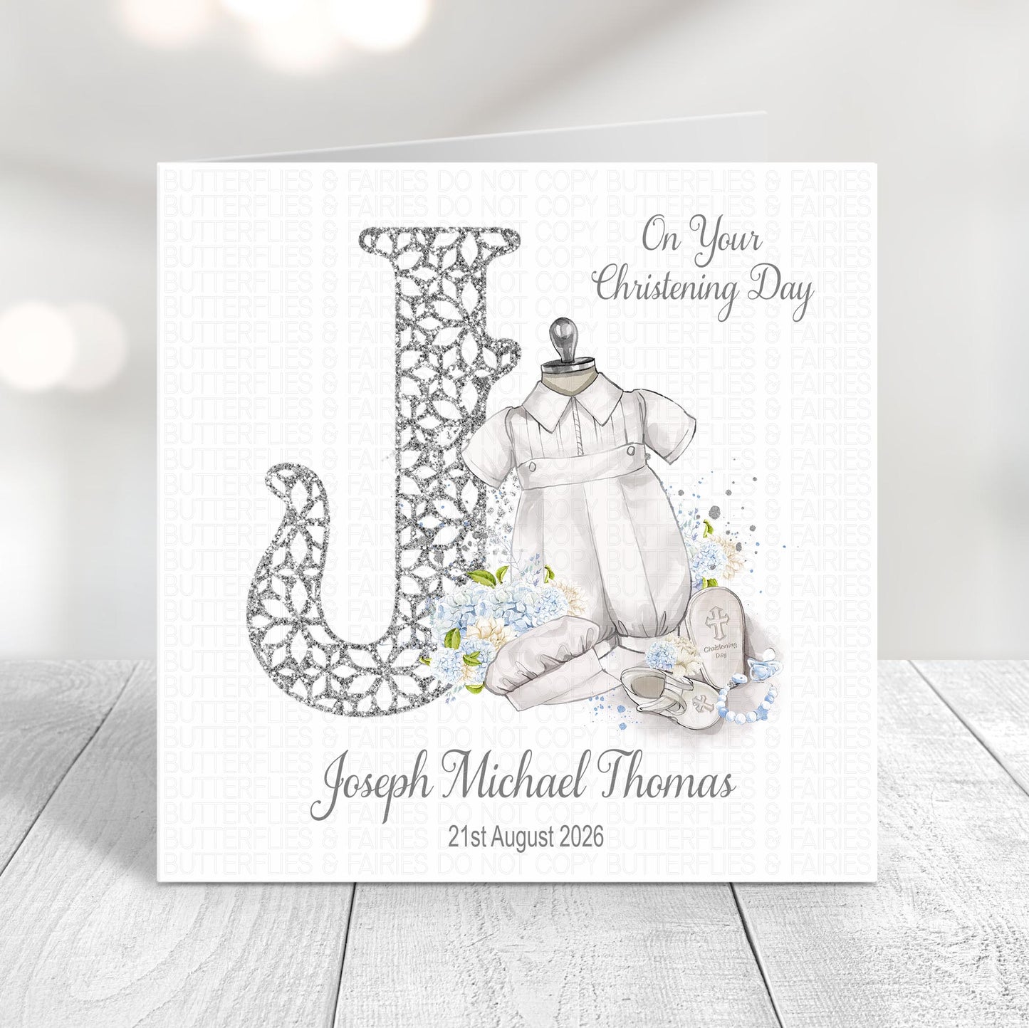 Personalised Christening Day Card for Baby Boy - Custom Initial Baptism Keepsake