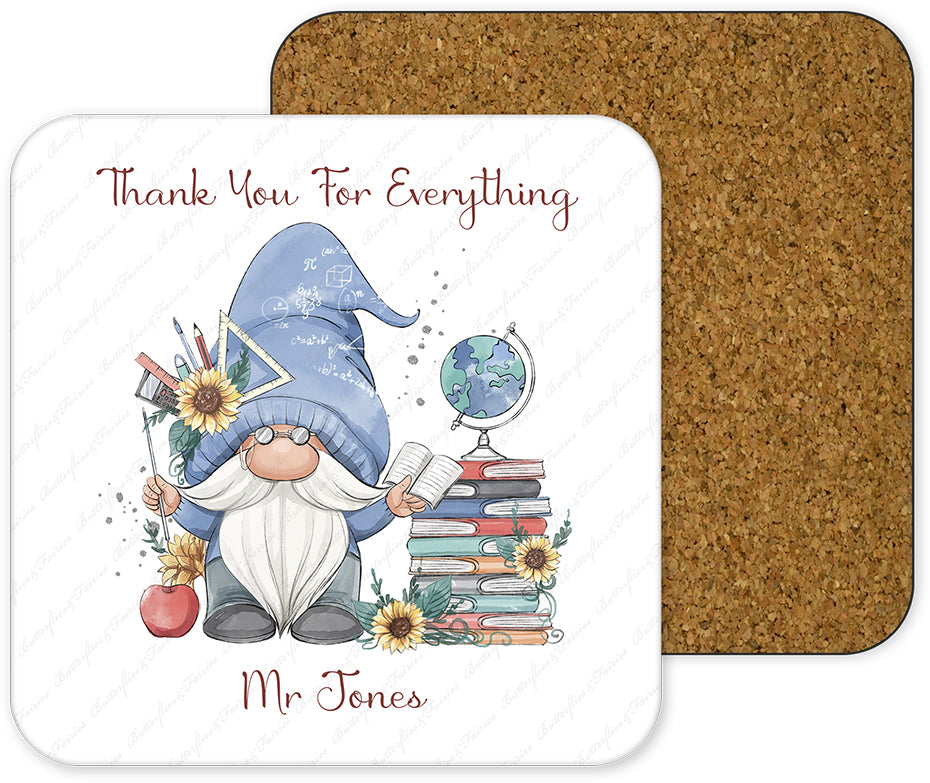 Personalised Gnome Thank You Mug & Coaster Set for a Male Teacher