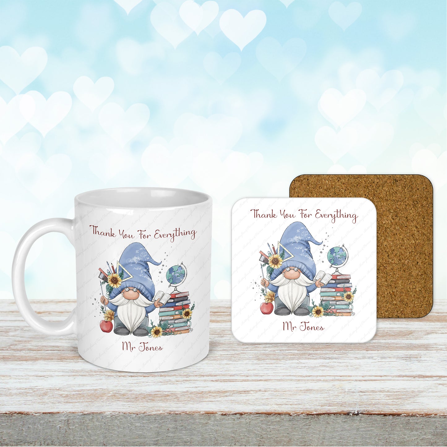 Personalised Gnome Thank You Mug & Coaster Set for a Male Teacher