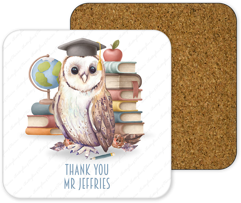 Personalised Owl Thank You Mug & Coaster Set for a Male Teacher