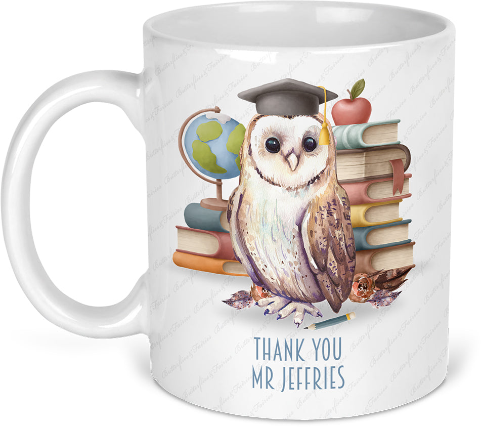 Personalised Owl Thank You Mug & Coaster Set for a Male Teacher