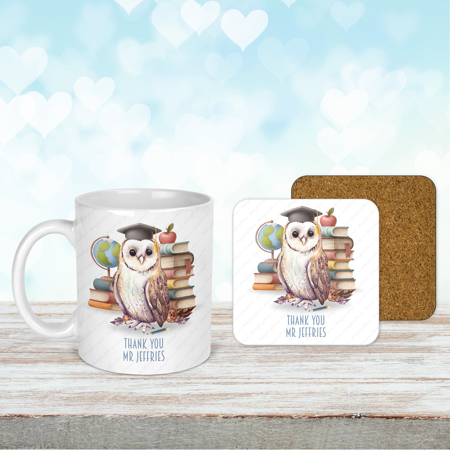 Personalised Owl Thank You Mug & Coaster Set for a Male Teacher