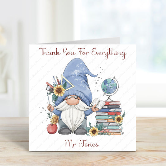 A square card with a blue gnome and a pile of books
