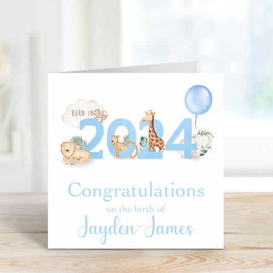 Personalised Blue New Baby Girl or Boy Birth Card - Born in 2024 Zoo Animals New Baby Card