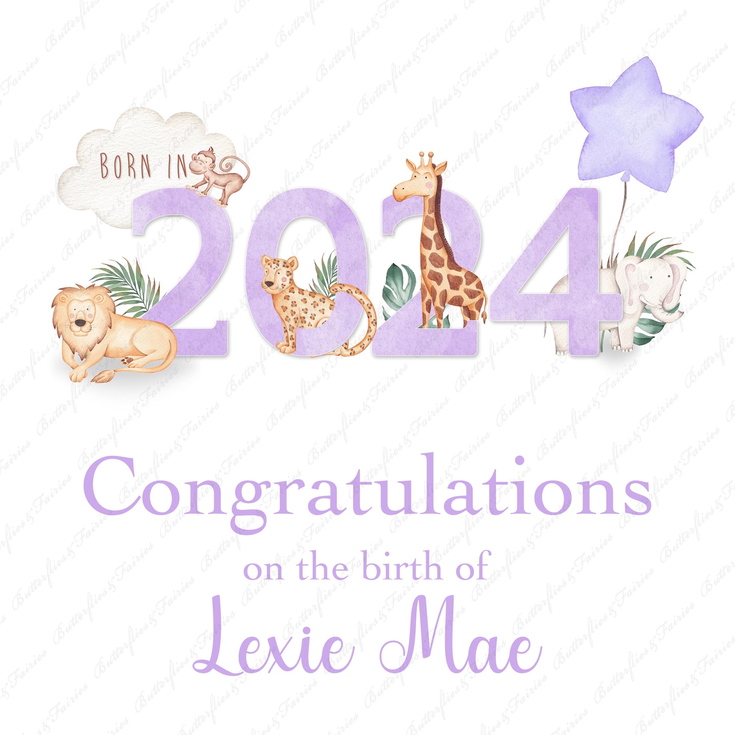 Personalised New Baby Girl or Boy Birth Card - Born in 2024 Zoo Animals New Baby Card