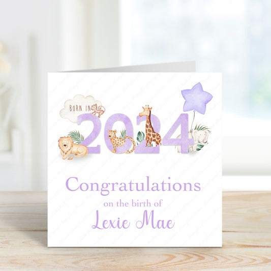 Personalised  New Baby Girl or Boy Birth Card - Born in 2024 Zoo Animals New Baby Card