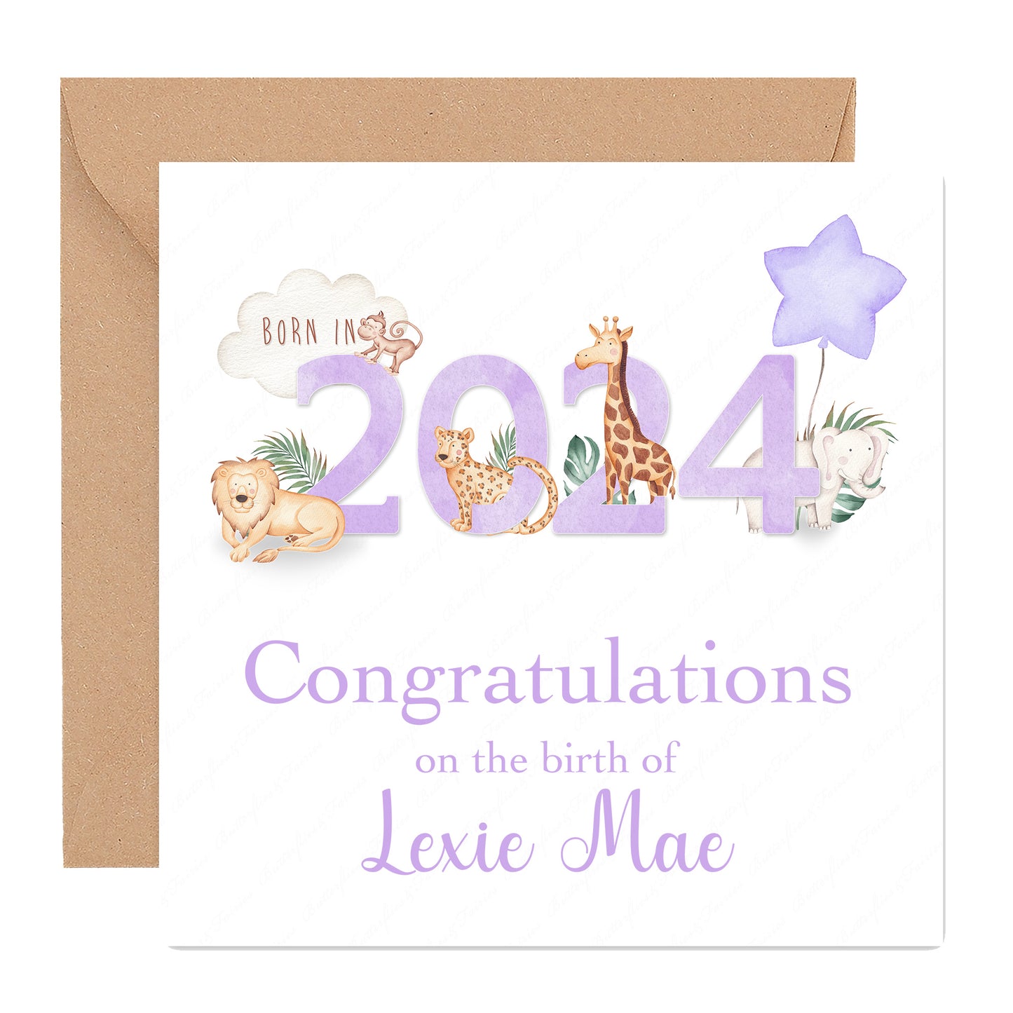 Personalised New Baby Girl or Boy Birth Card - Born in 2024 Zoo Animals New Baby Card