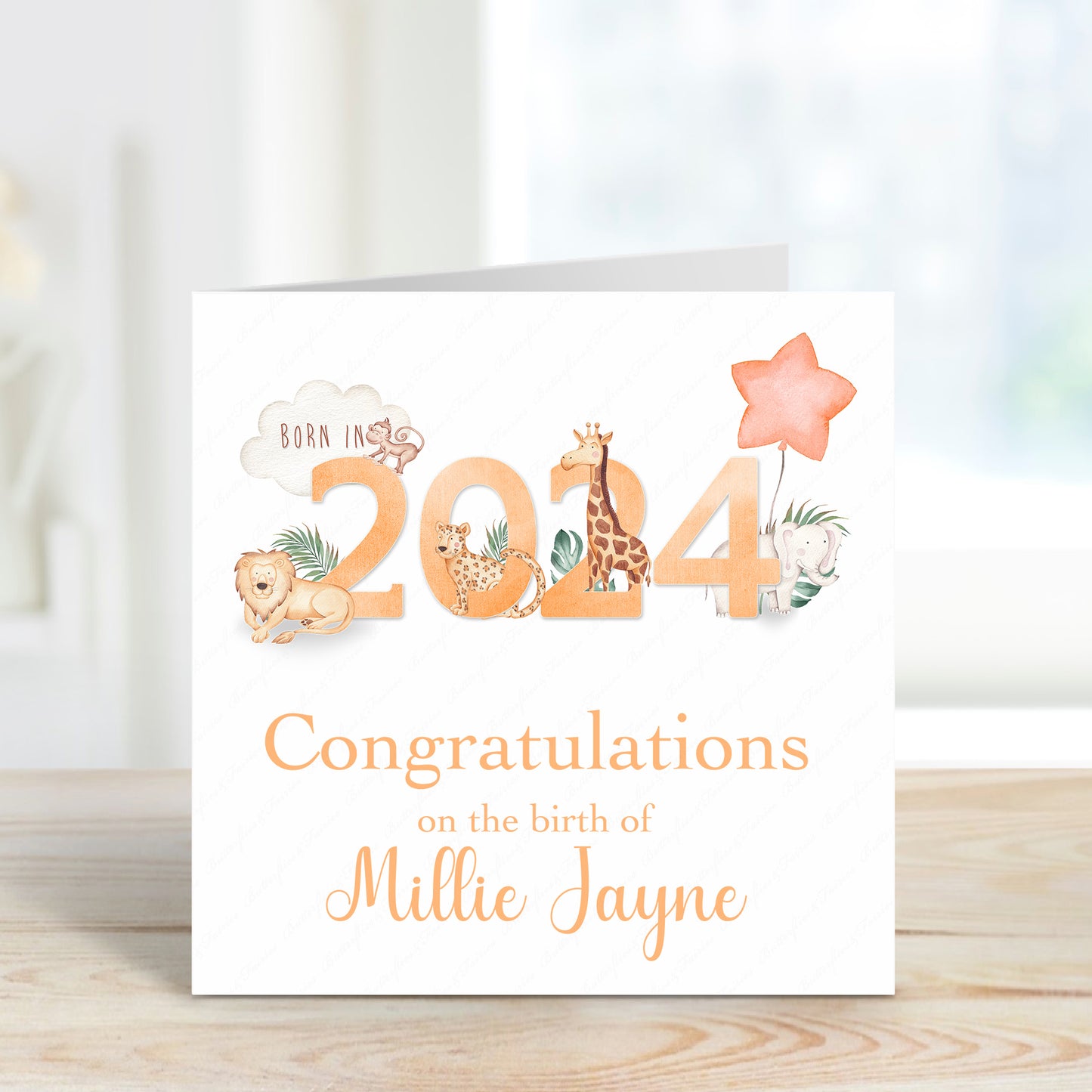 Personalised New Baby Girl or Boy Birth Card - Born in 2024 Zoo Animals New Baby Card