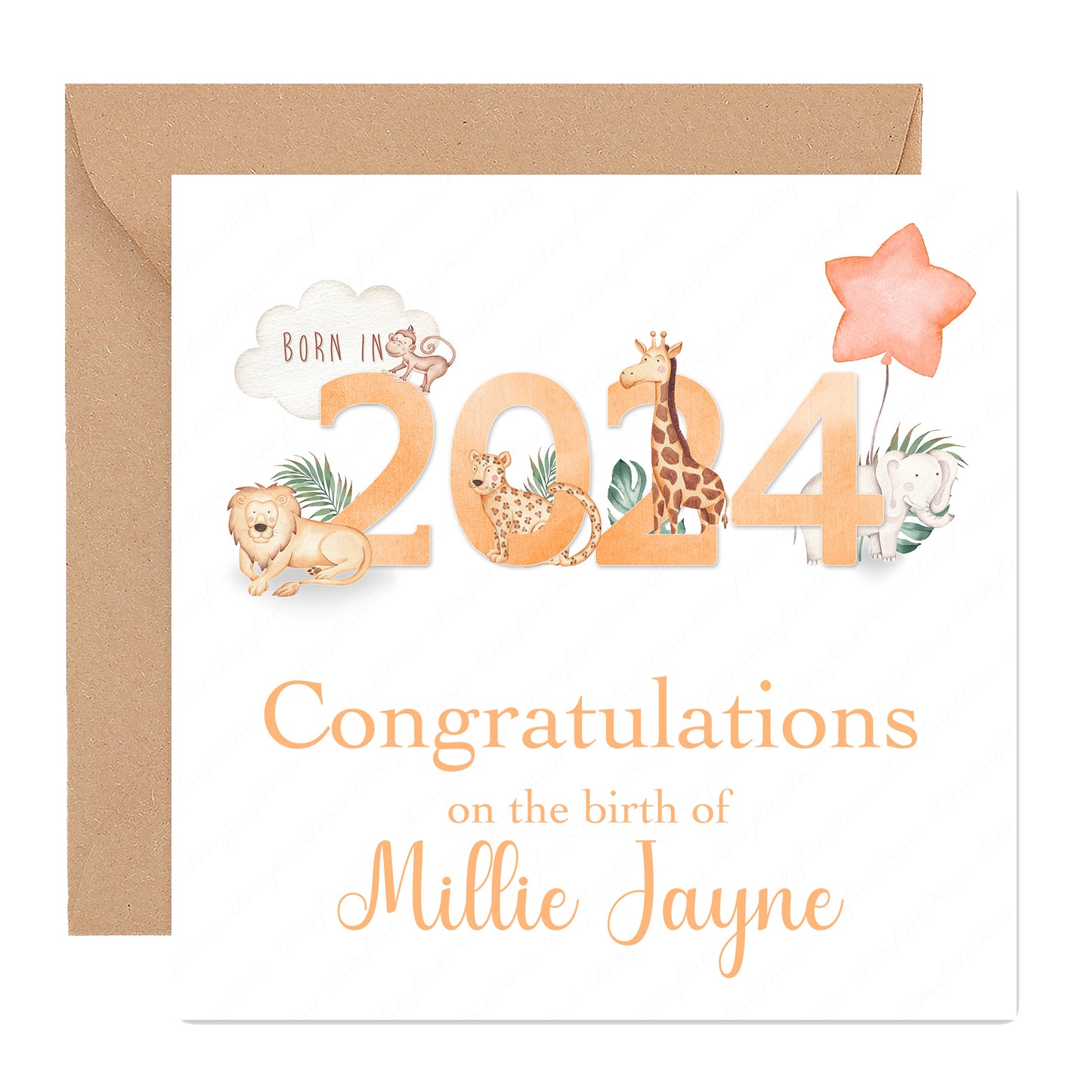 Personalised New Baby Girl or Boy Birth Card - Born in 2024 Zoo Animals New Baby Card