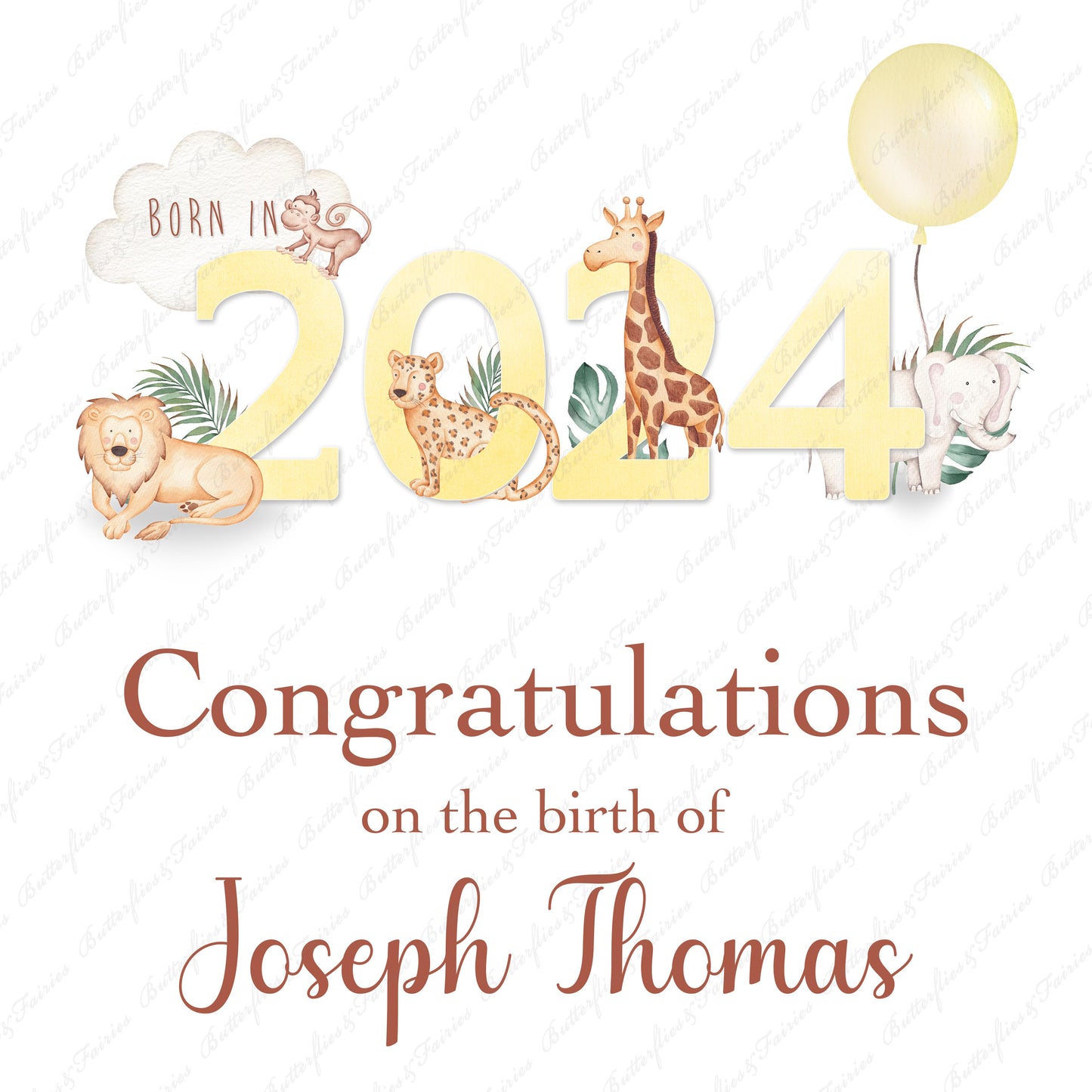 Personalised New Baby Girl or Boy Birth Card - Born in 2024 Zoo Animals New Baby Card