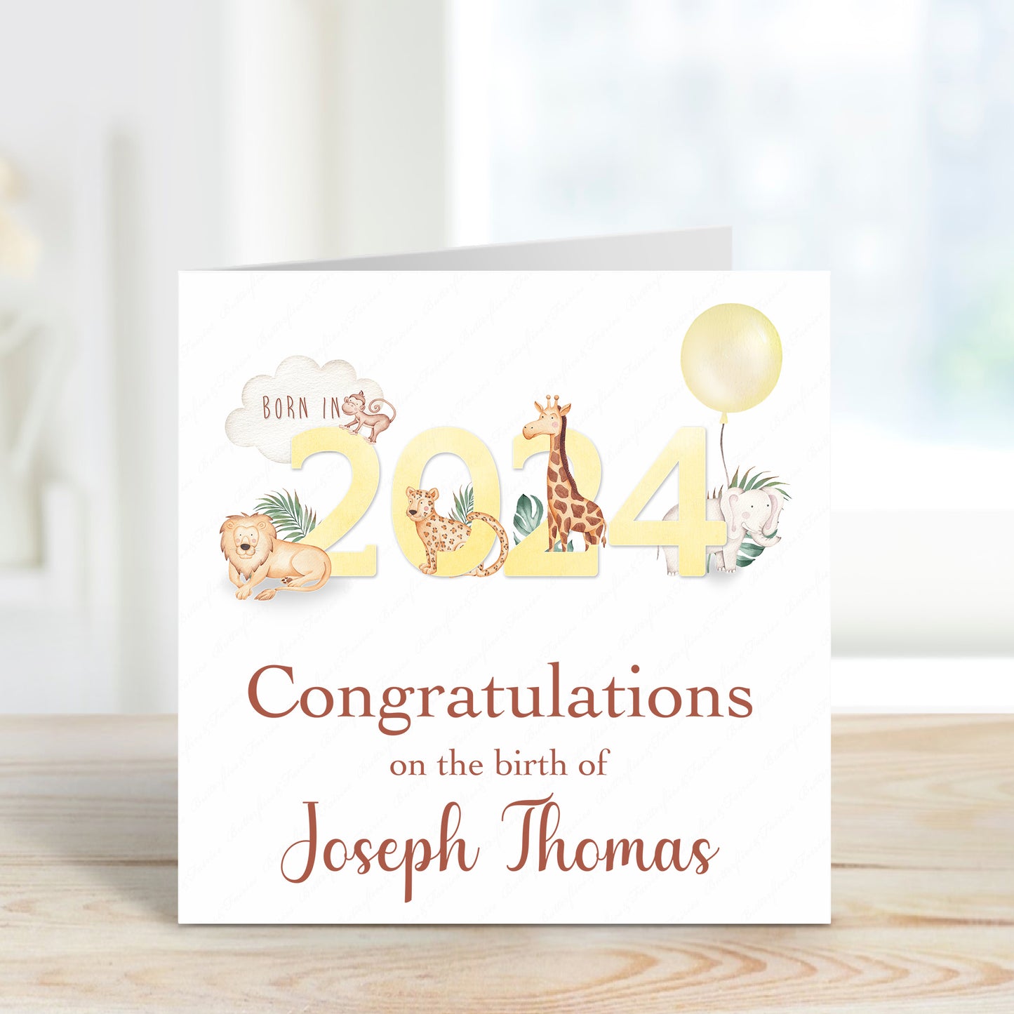 Personalised New Baby Girl or Boy Birth Card - Born in 2024 Zoo Animals New Baby Card