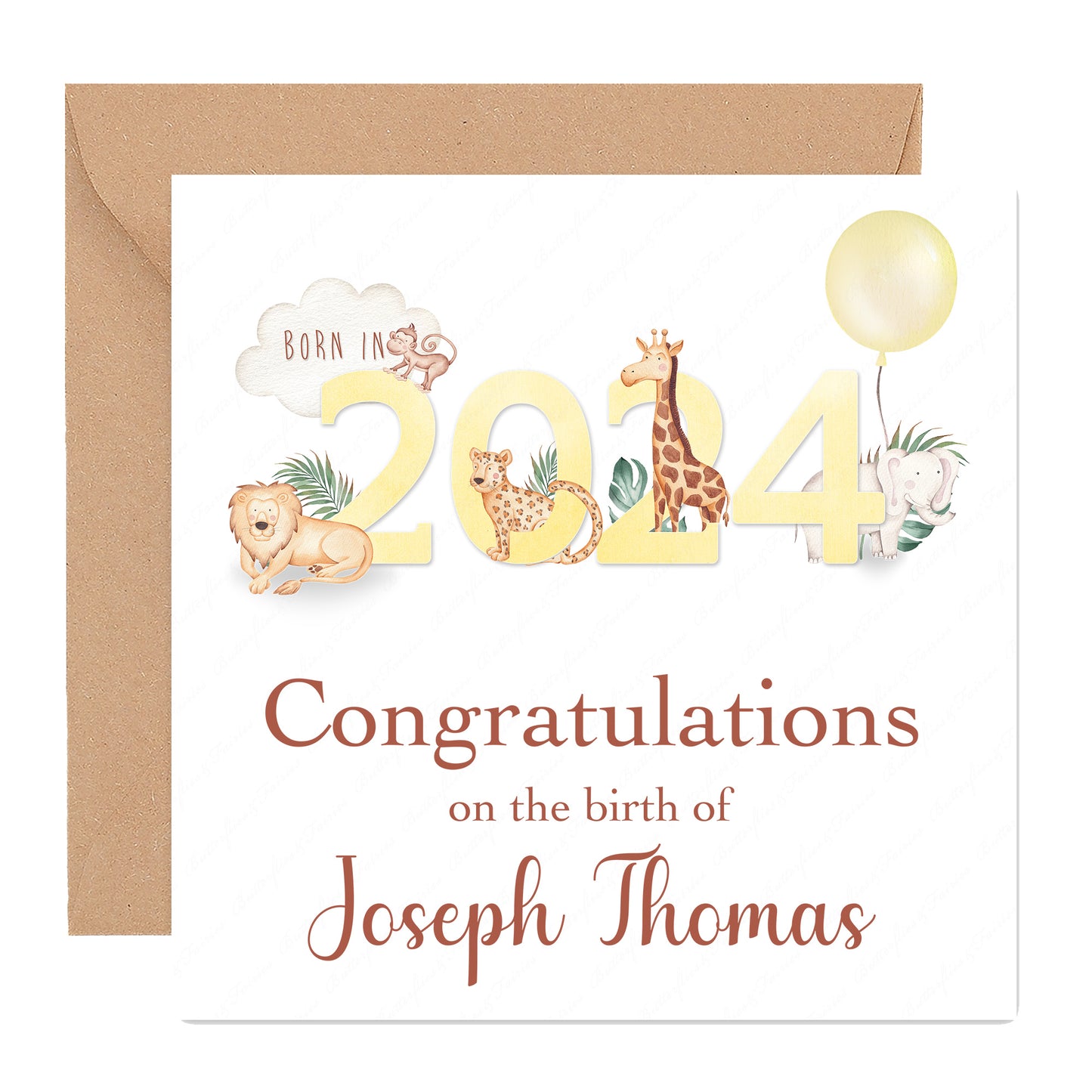 Personalised New Baby Girl or Boy Birth Card - Born in 2024 Zoo Animals New Baby Card