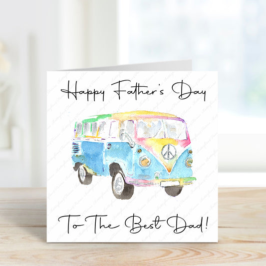 Square card with a colourful bongo camper van design with a plain white background