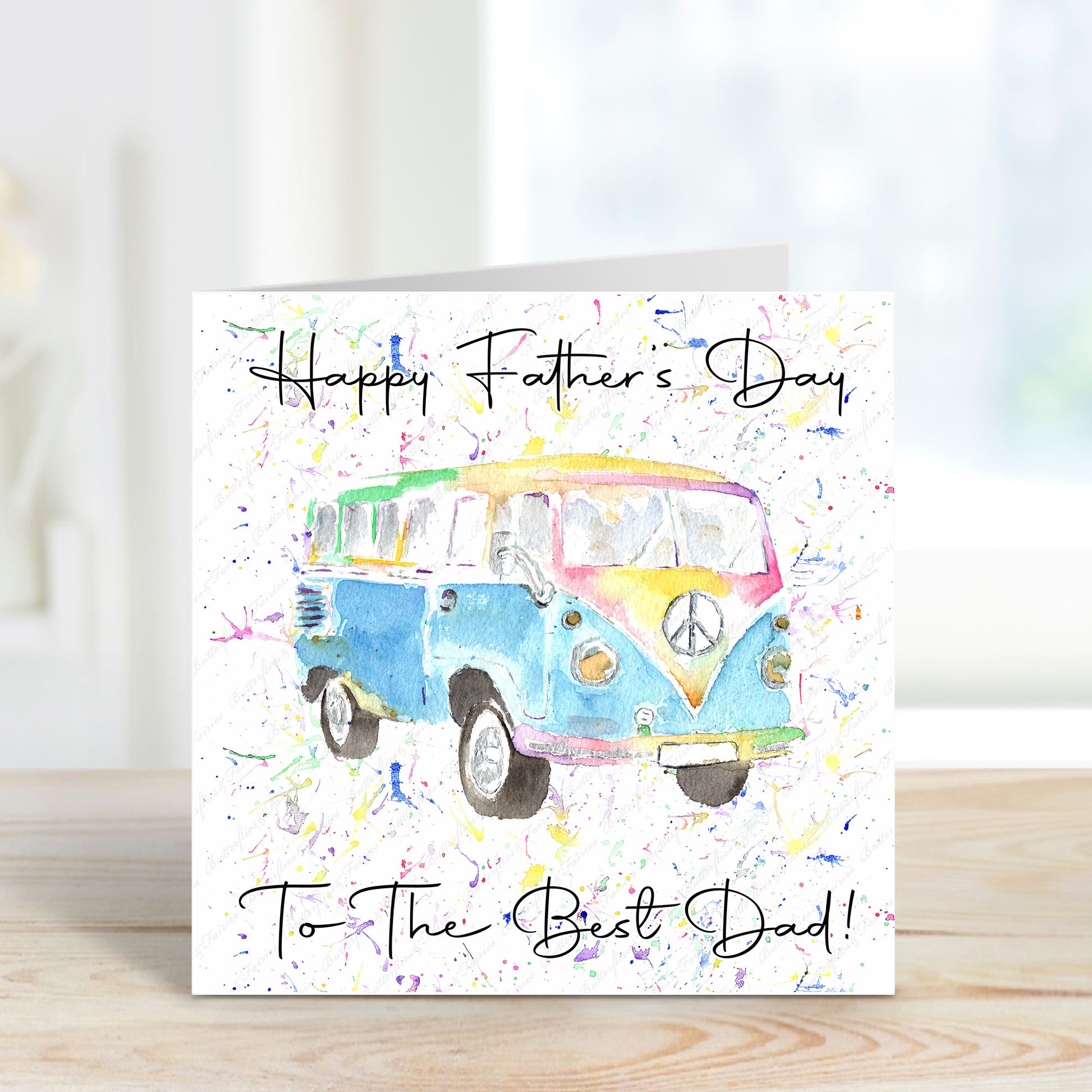 Square card with a colourful bongo camper van design with a rainbow splatter background