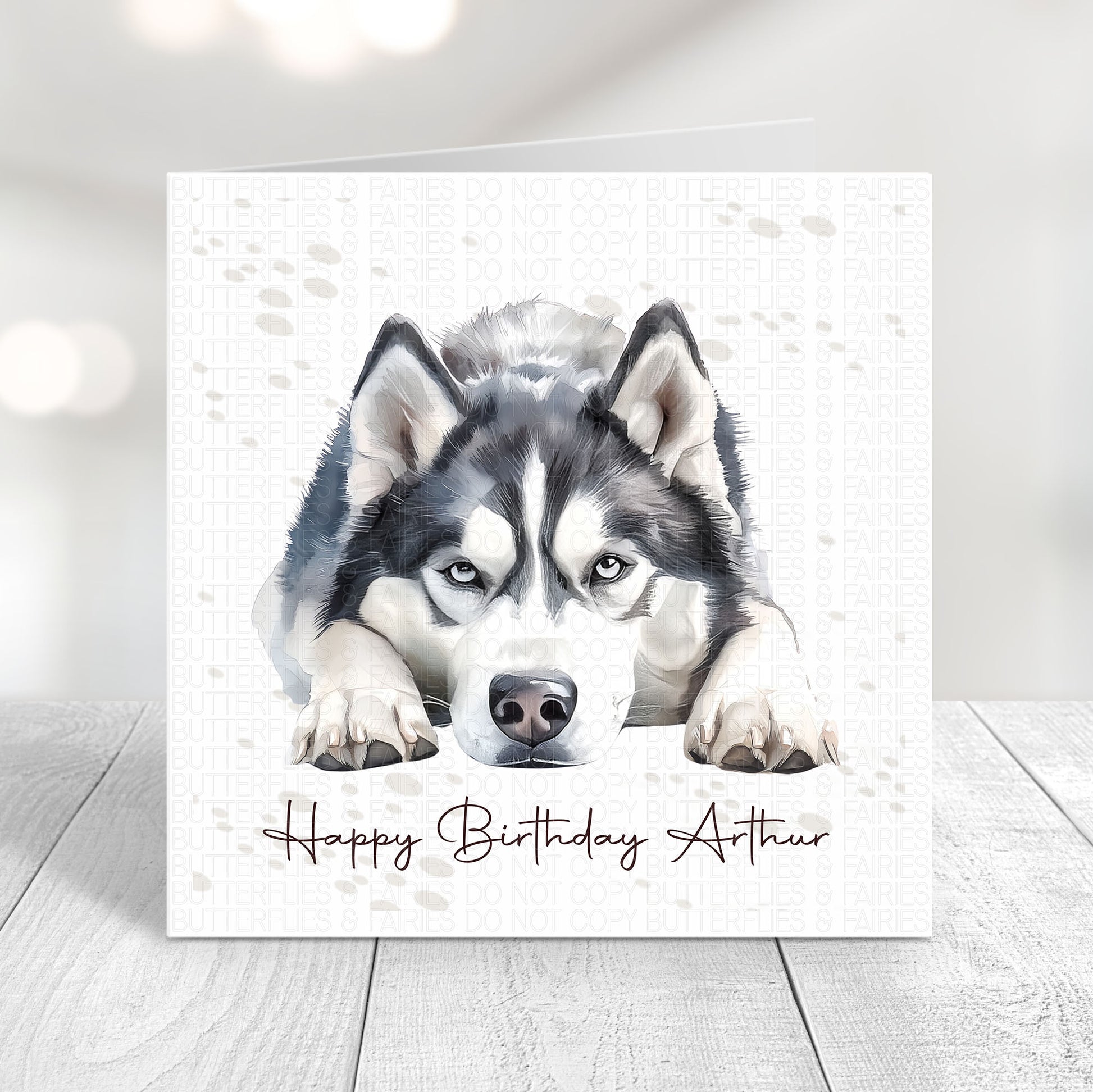 Personalised dog birthday card featuring a cute realistic alaskan malamute dog illustration and “Happy Birthday Name"
