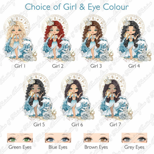 Set of illustrated girls with different hair colors and eye colors on a white background.