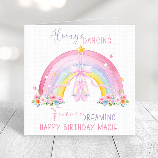 Personalised Rainbow Ballet Birthday Card – Custom Ballerina Birthday Card for Girls