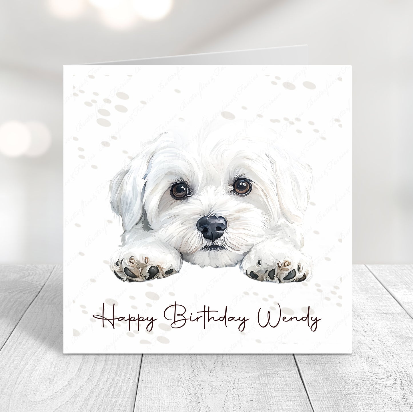 Personalised dog birthday card featuring a cute realistic Bichon Frise dog illustration and “Happy Birthday Name"