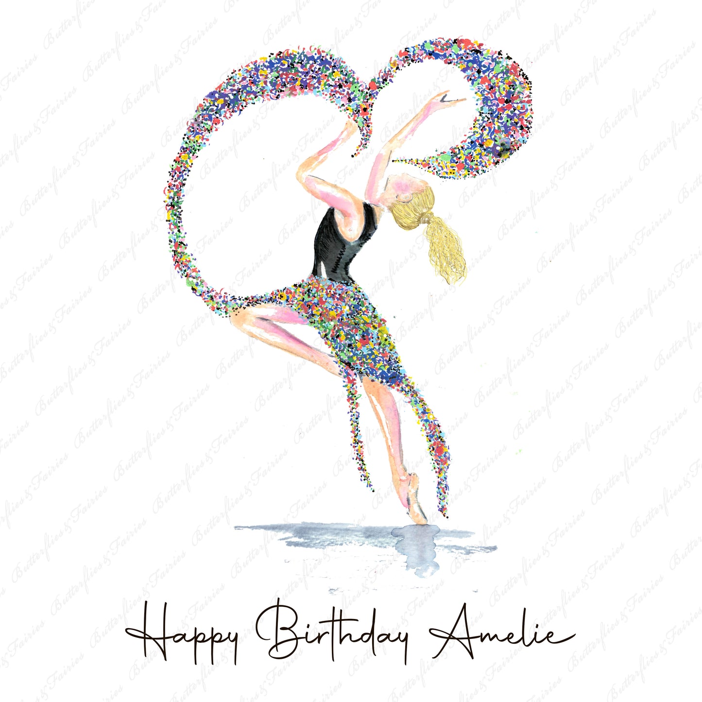 Personalised Watercolour Rainbow Confetti Dancer Birthday Card