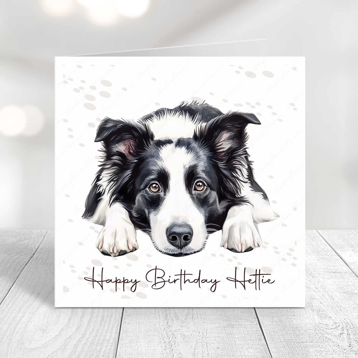 Personalised dog birthday card featuring a cute realistic border collie dog illustration and “Happy Birthday Name"
