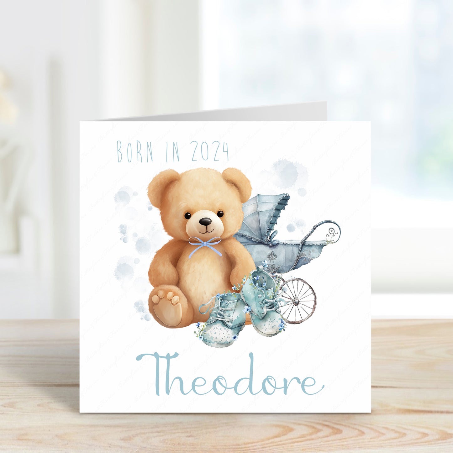 Personalised New Baby Boy Birth Card - Born in 2024 Teddy Bear New Baby Card