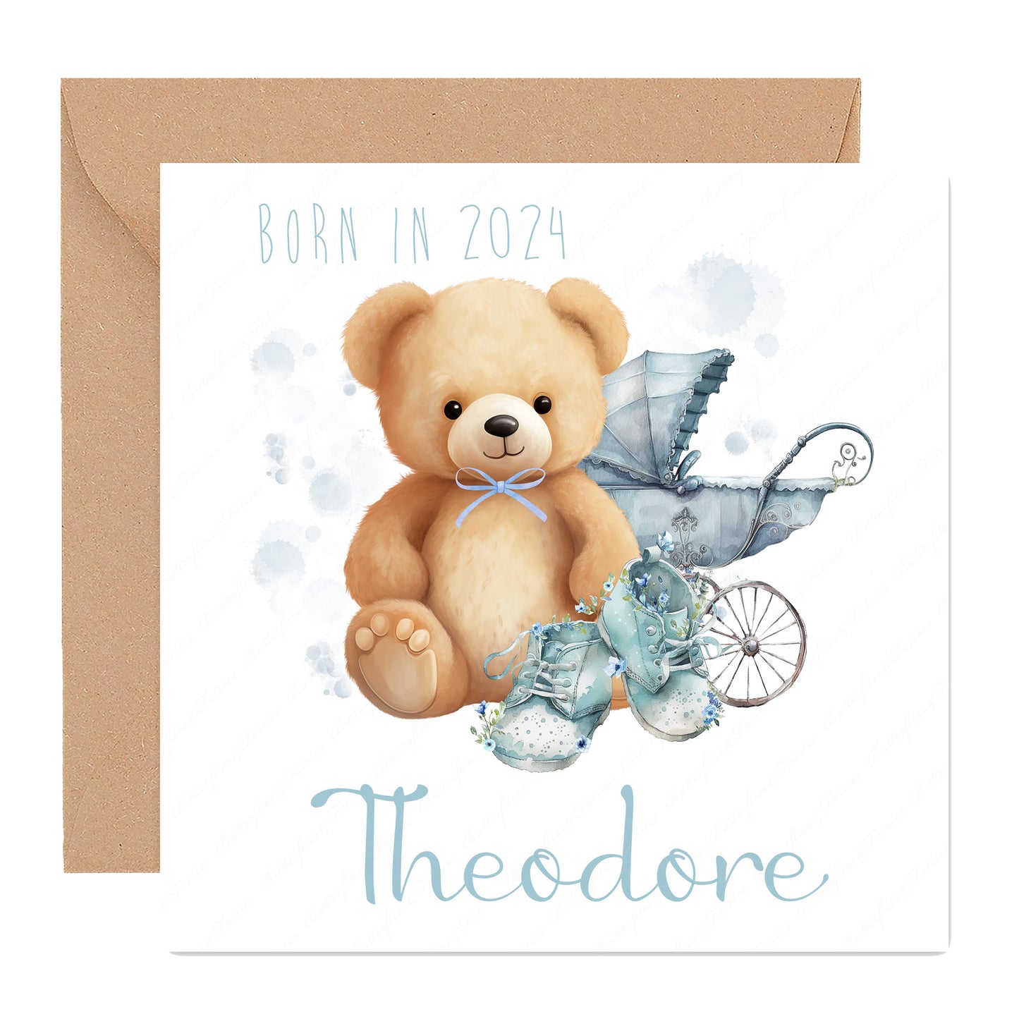 Personalised New Baby Boy Birth Card - Born in 2024 Teddy Bear New Baby Card