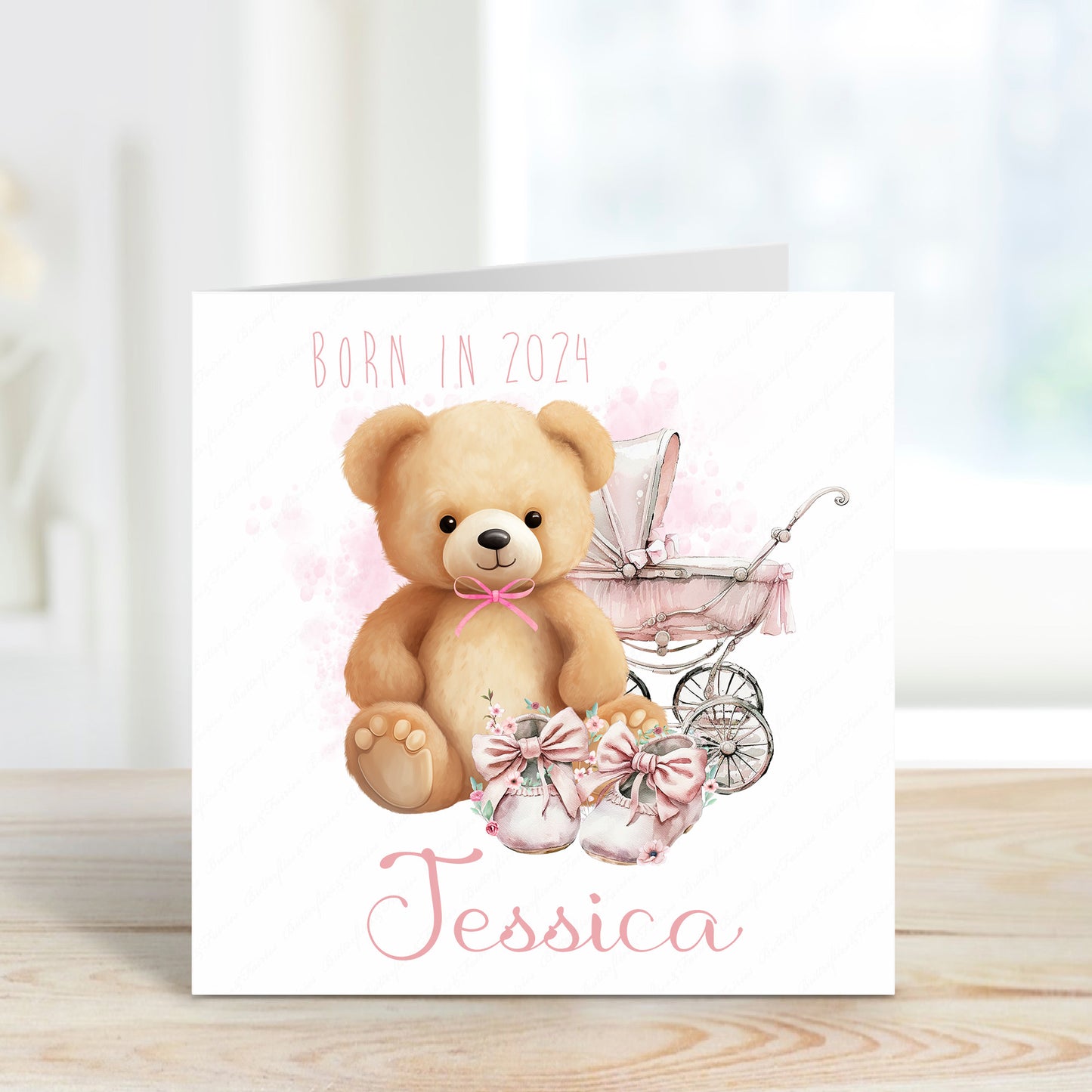 Personalised Pink New Baby Girl Birth Card Born in 2024 Teddy