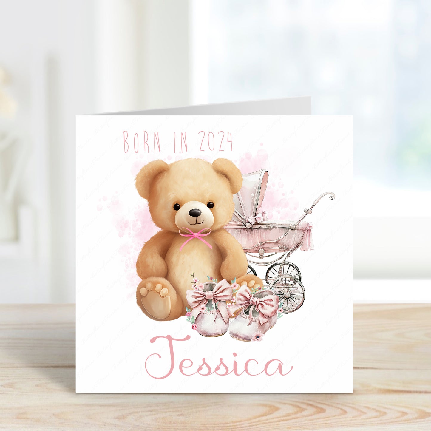 Personalised  Pink New Baby Girl Birth Card - Born in 2024 Teddy Bear New Baby Card