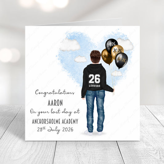 Personalised School Leaver Card 2026 – Boy with Black Leavers Hoodie | Last Day of School Card