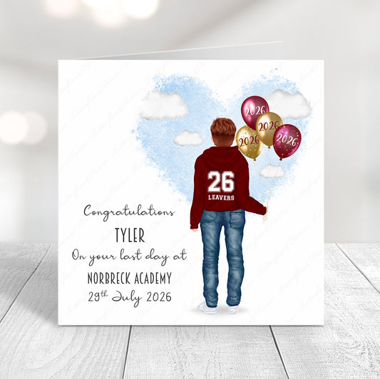 Personalised School Leaver Card 2026 – Boy with Burgundy Leavers Hoodie | Last Day of School Card
