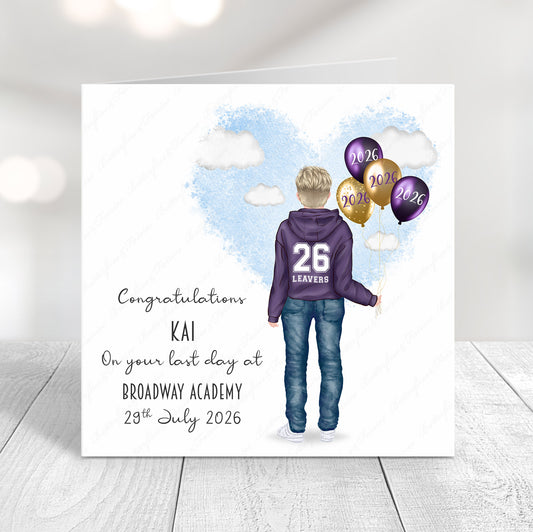 Personalised School Leaver Card 2026 – Boy with Purple Leavers Hoodie | Last Day of School Card