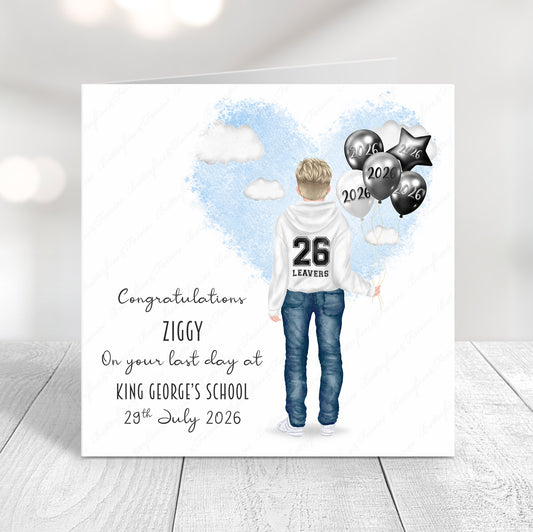 Personalised School Leaver Card 2026 – Boy with White Leavers Hoodie | Last Day of School Card