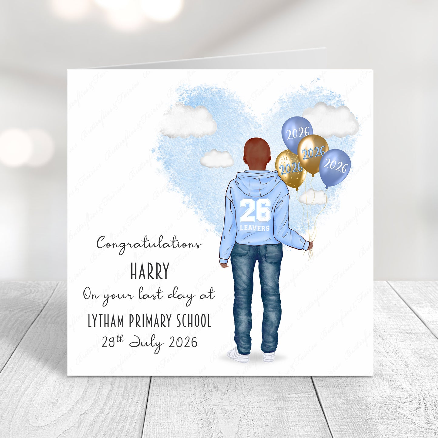 Personalised School Leaver Card 2026 – Boy with Baby Light Blue Leavers Hoodie | Last Day of School Card