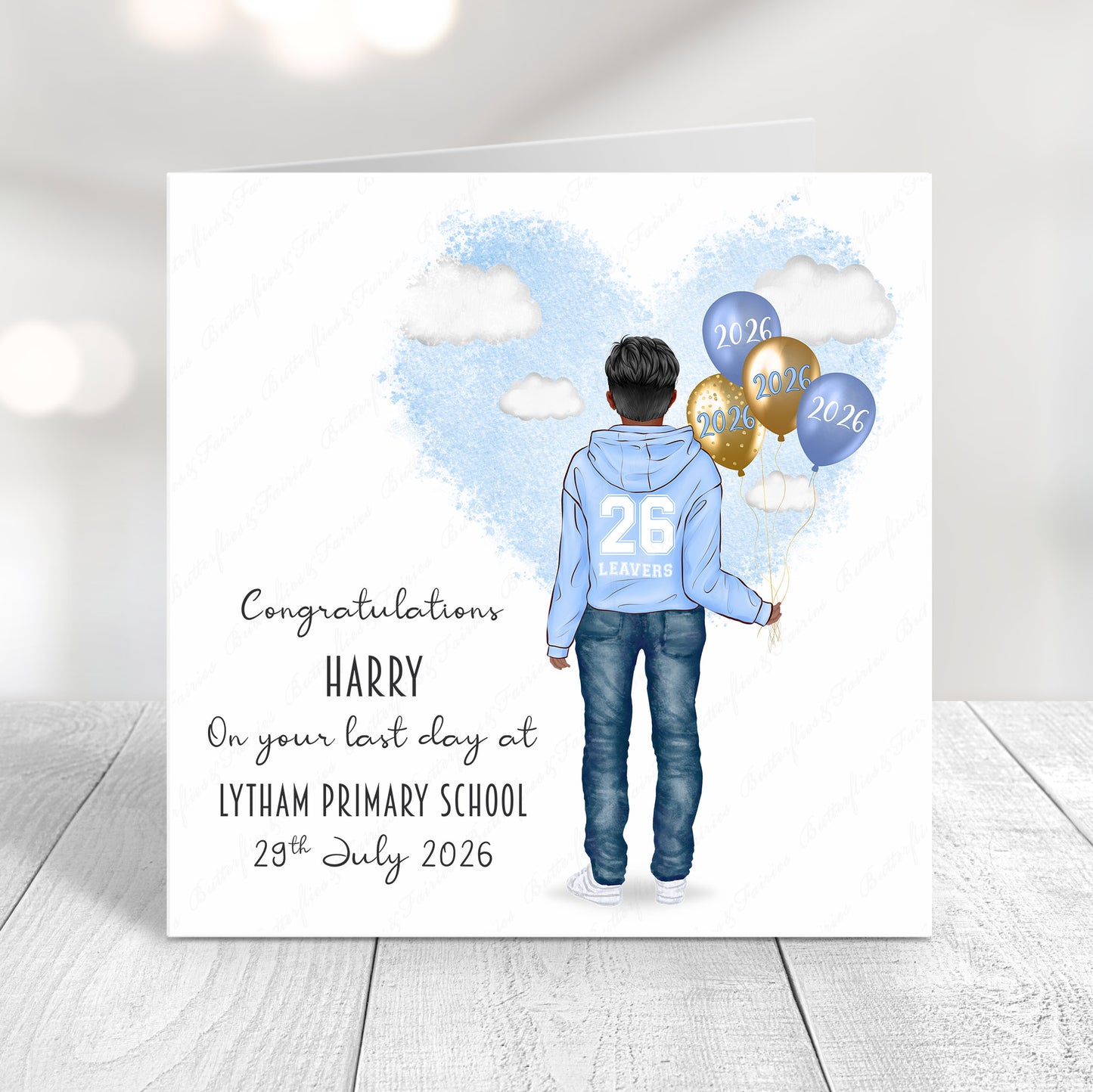Personalised School Leaver Card 2026 – Boy with Baby Light Blue Leavers Hoodie | Last Day of School Card