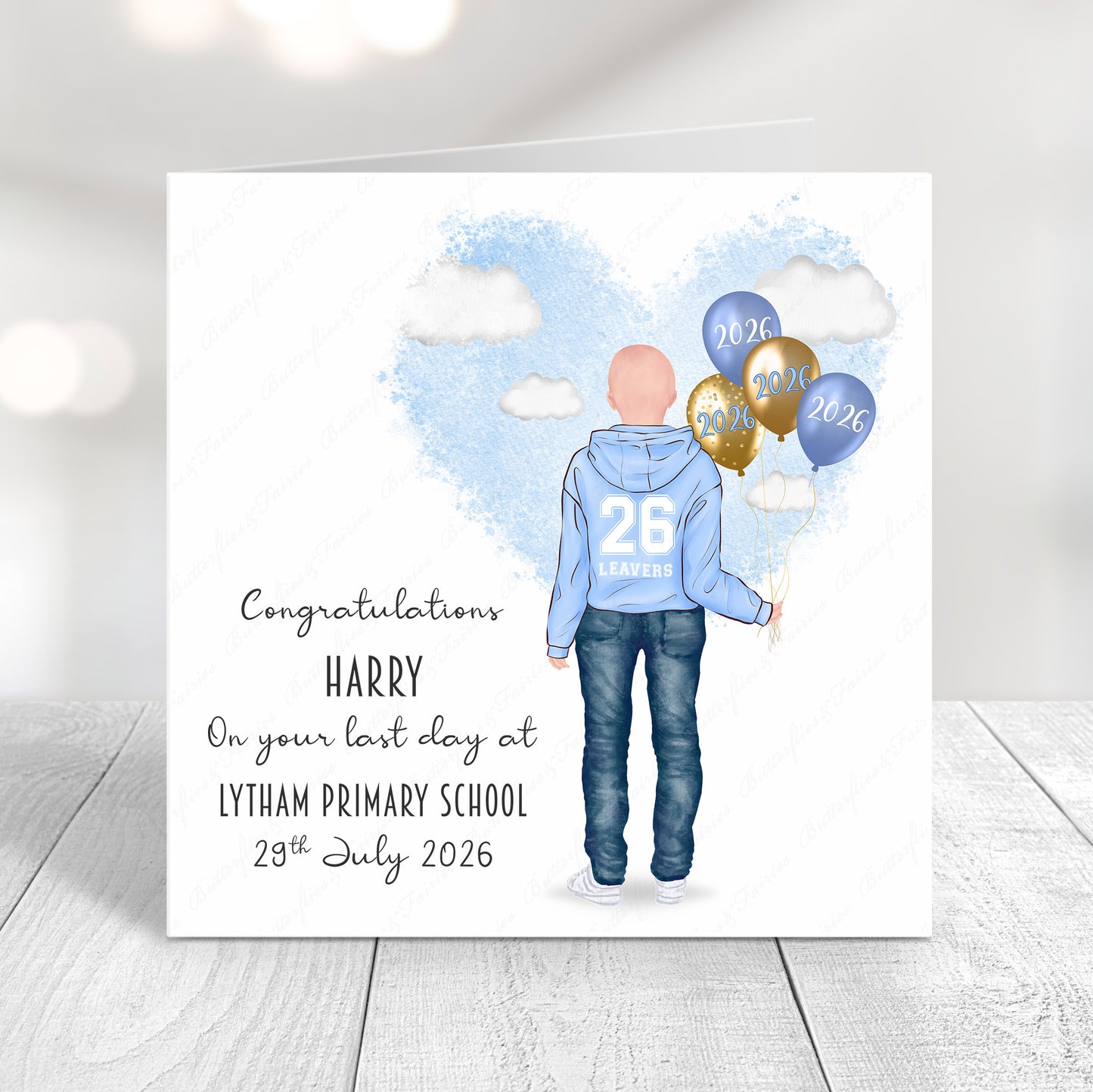 Personalised School Leaver Card 2026 – Boy with Baby Light Blue Leavers Hoodie | Last Day of School Card