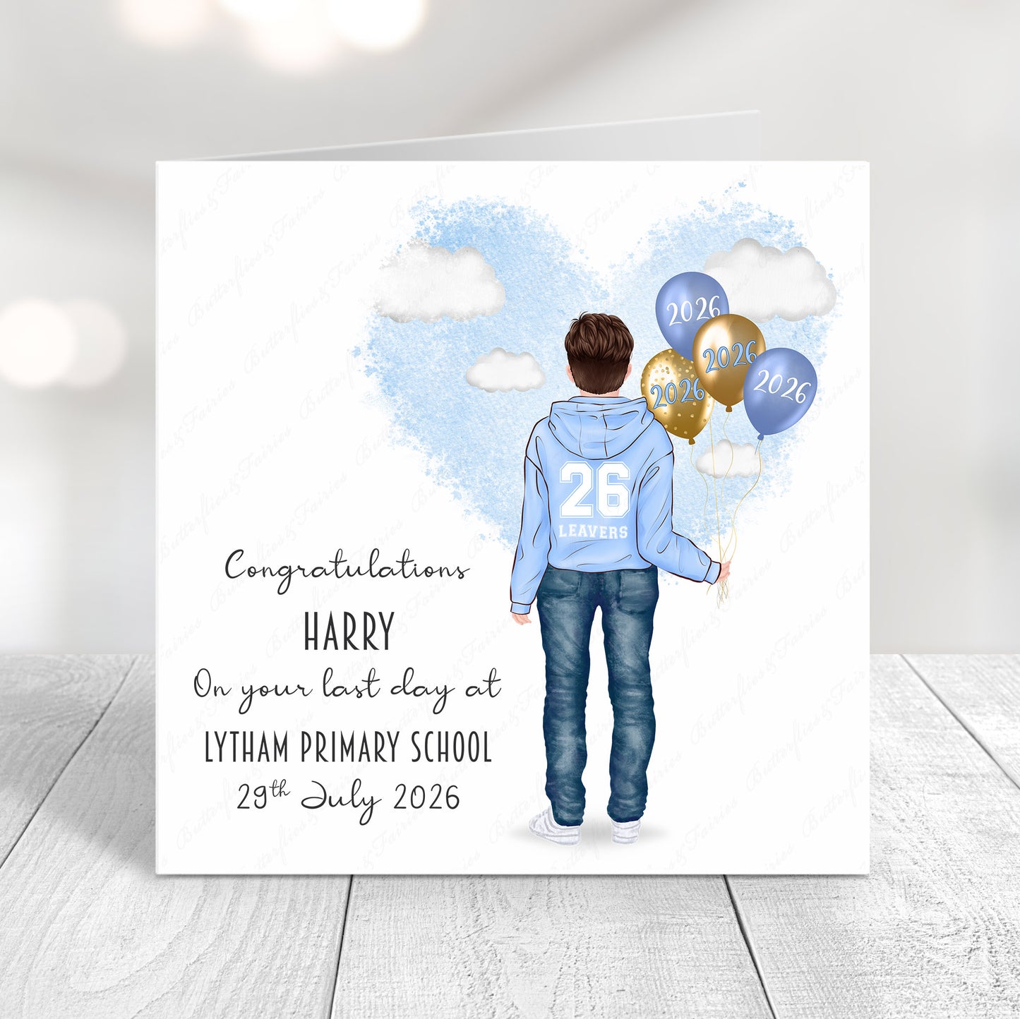 Personalised School Leaver Card 2026 – Boy with Baby Light Blue Leavers Hoodie | Last Day of School Card