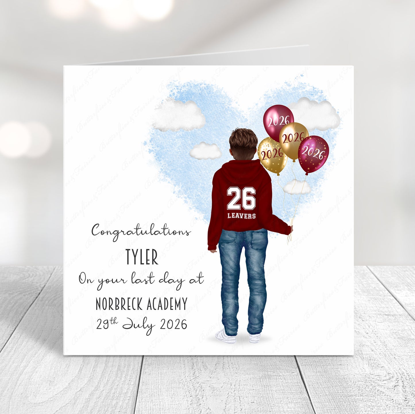 Personalised School Leaver Card 2026 – Boy with Burgundy Leavers Hoodie | Last Day of School Card