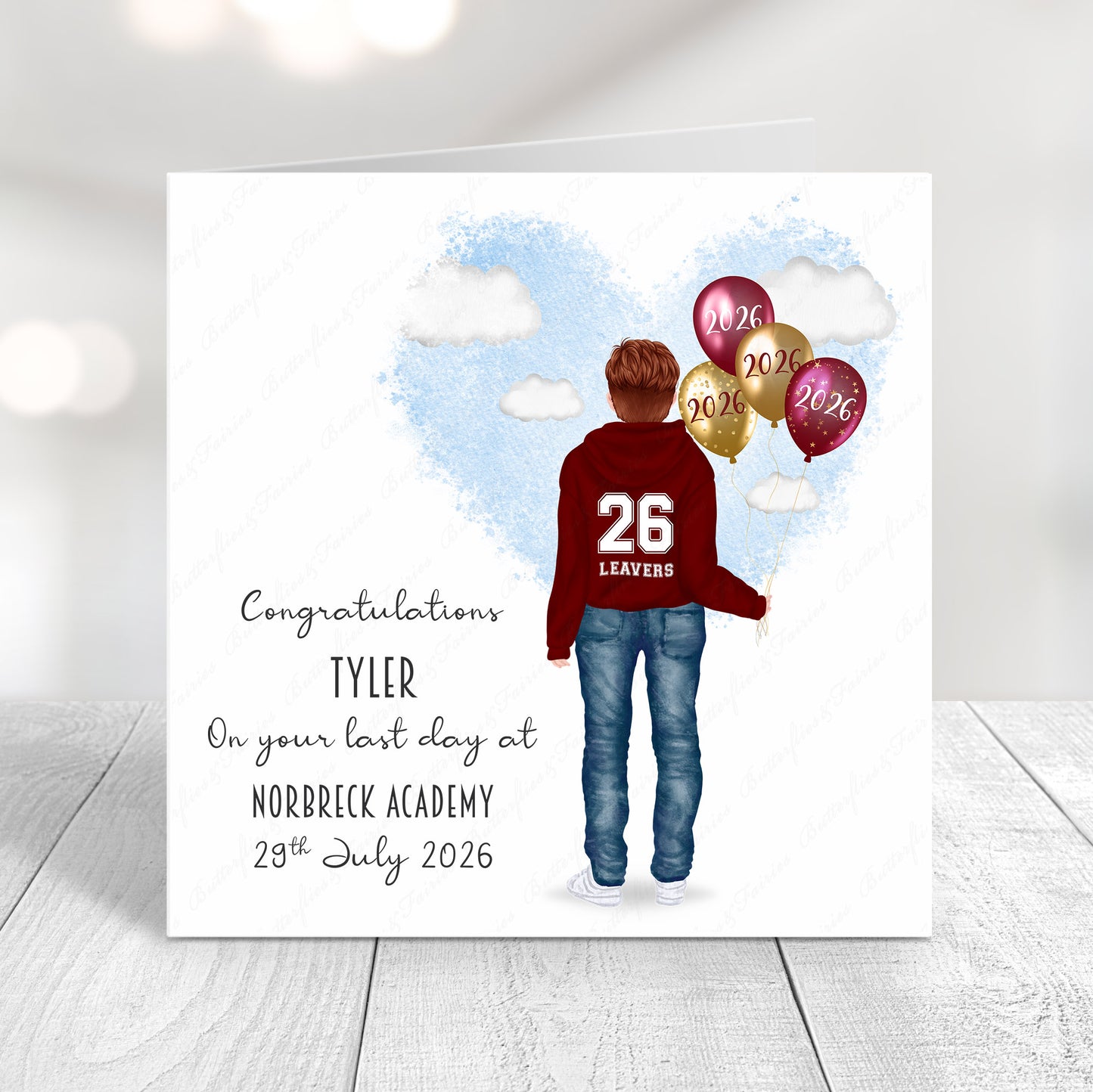 Personalised School Leaver Card 2026 – Boy with Burgundy Leavers Hoodie | Last Day of School Card